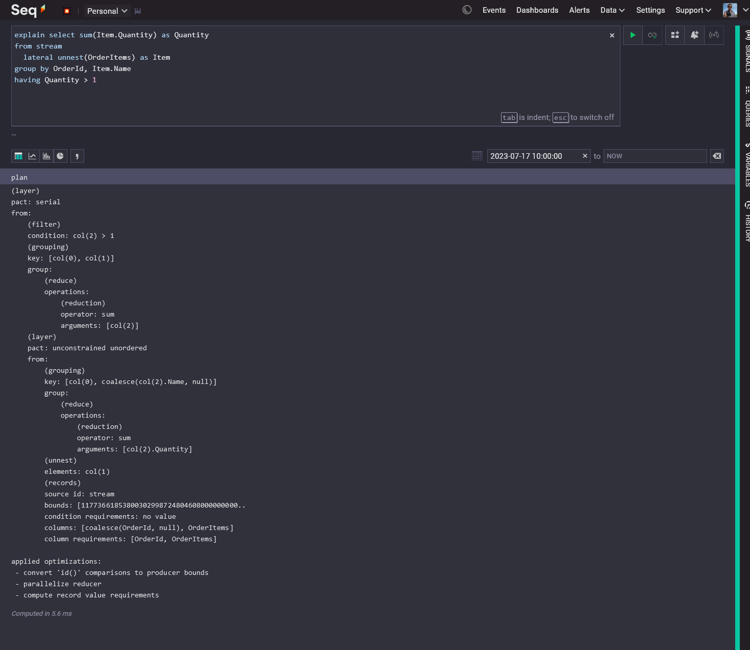 Seq 2023.3 showing explain query