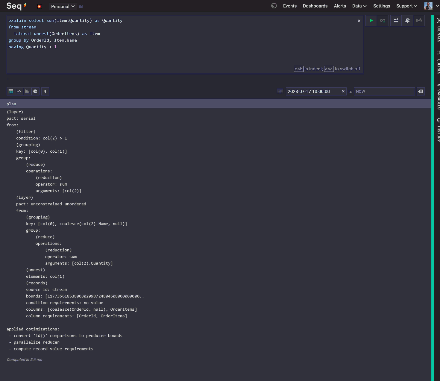 Seq 2023.3 showing explain query