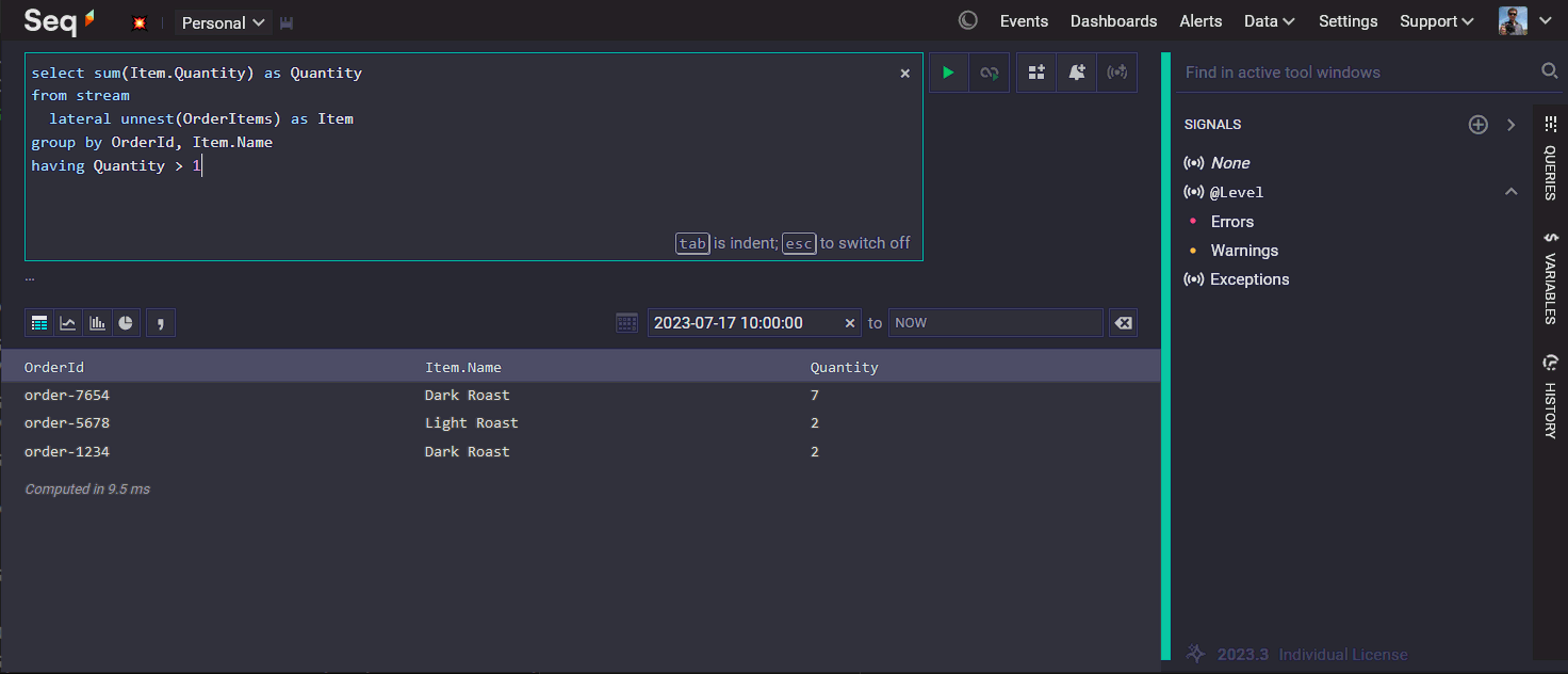 Seq 2023.3 showing query with lateral unnest clause.