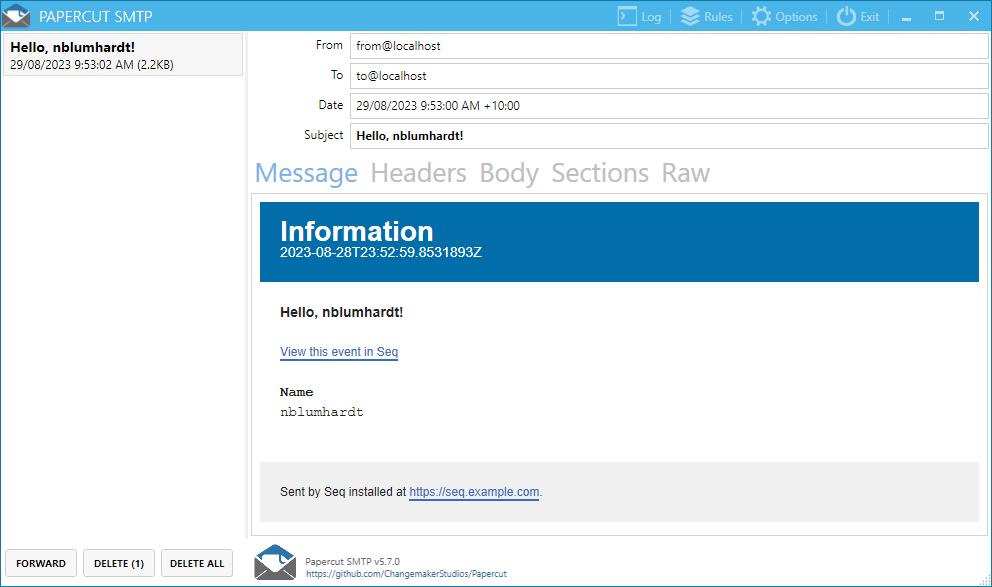 Papercut SMTP app inbox showing an email with the "Hello, !" event from the earlier source code example.