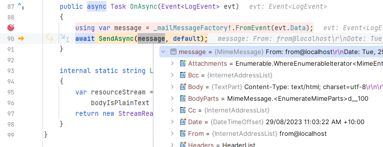 Debugging Seq.App.Mail.Smtp in JetBrains Rider.