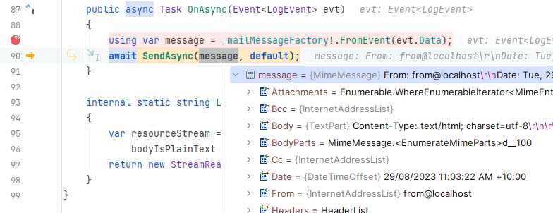 Debugging Seq.App.Mail.Smtp in JetBrains Rider.