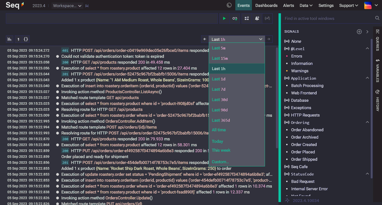 Seq 2023.4 Events screen, showing a drop-down selector in place of the old From/To date range controls. The list shows options from Last 5m to Last 365d, all time, today, this week, and custom.