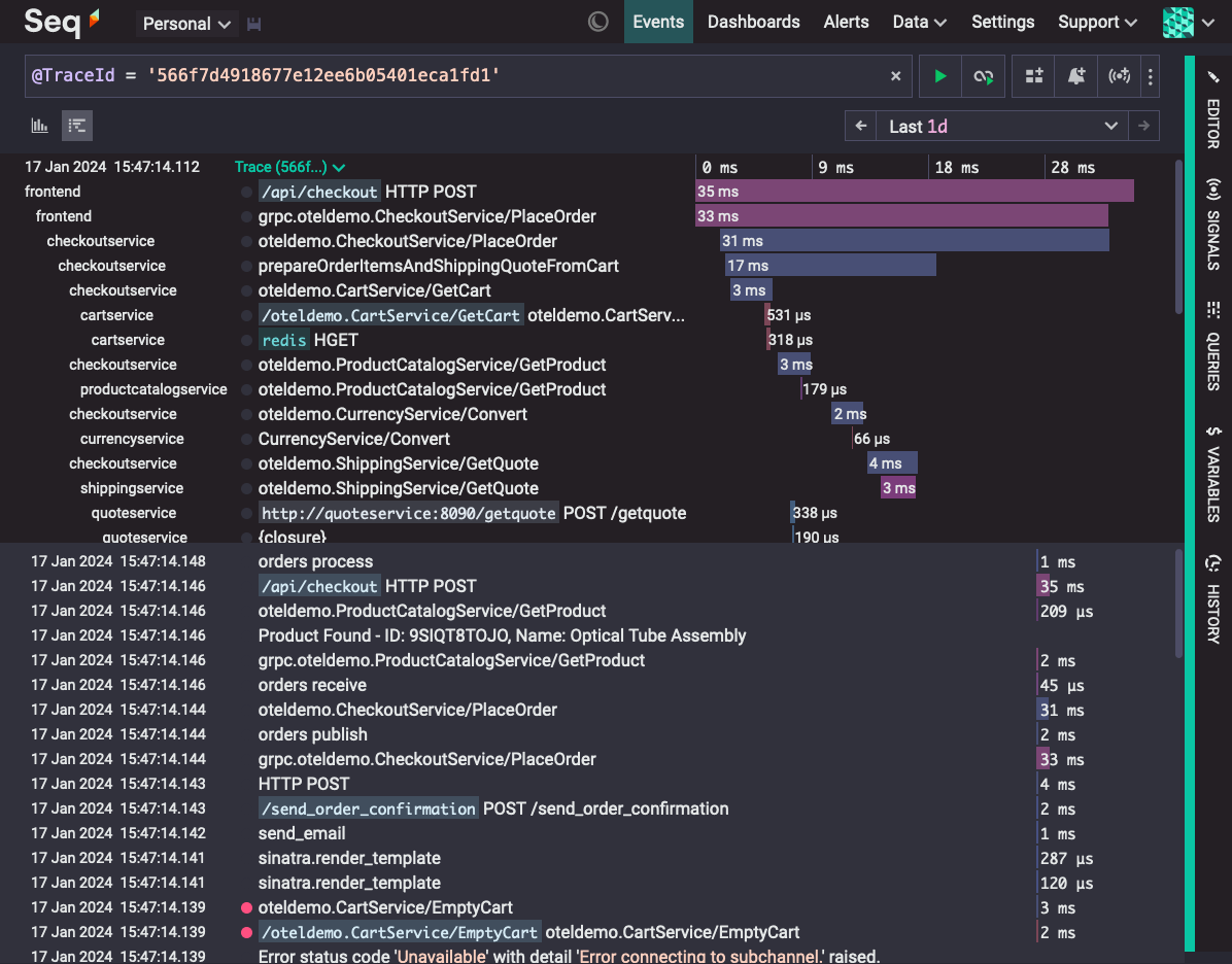 Seq 2024.1 trace view.
