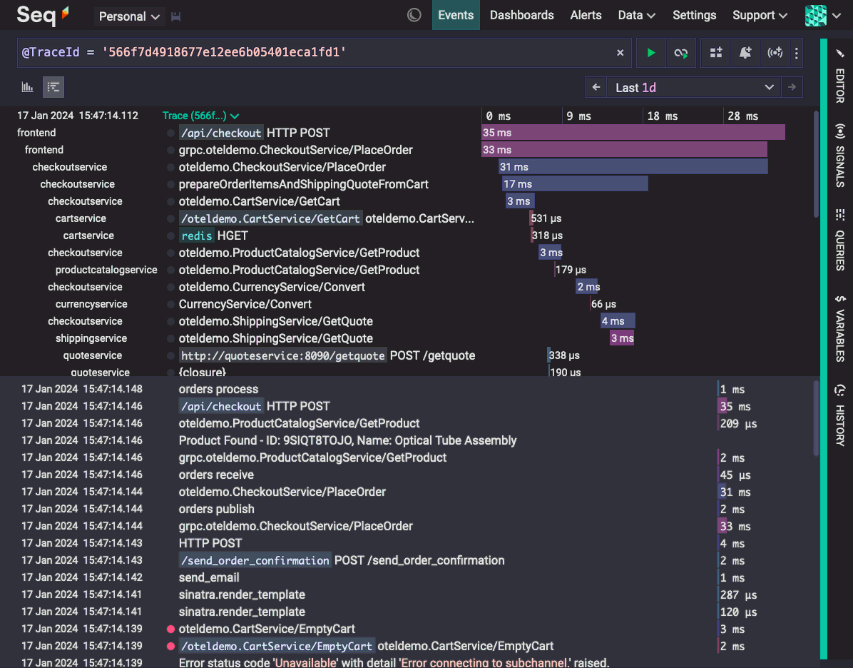 Seq 2024.1 trace view.