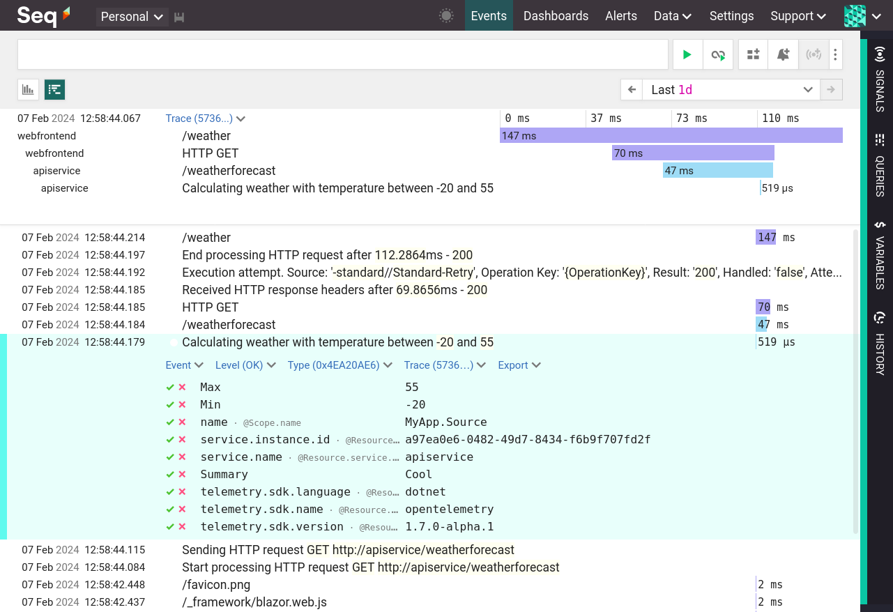 Aspire log events and spans in Seq