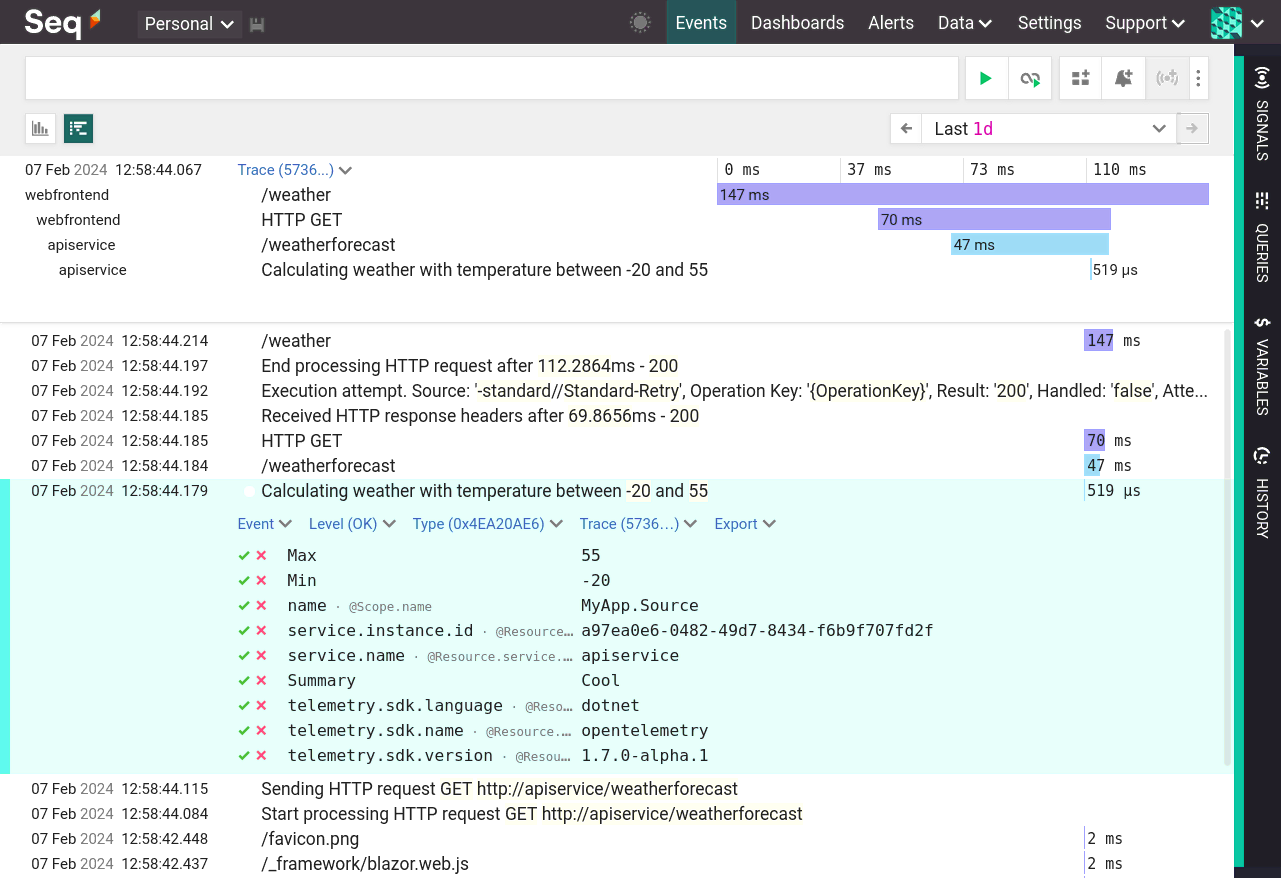 Aspire log events and spans in Seq