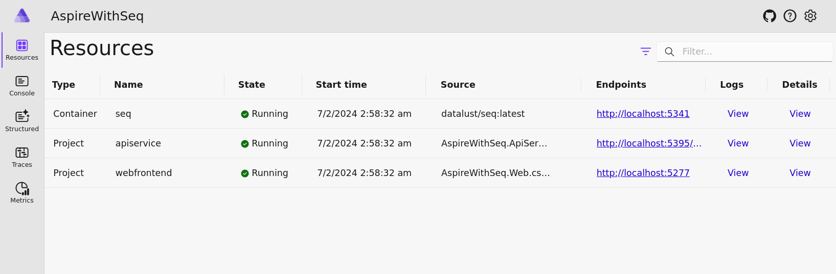 The Aspire dashboard showing a running datalust/seq container.