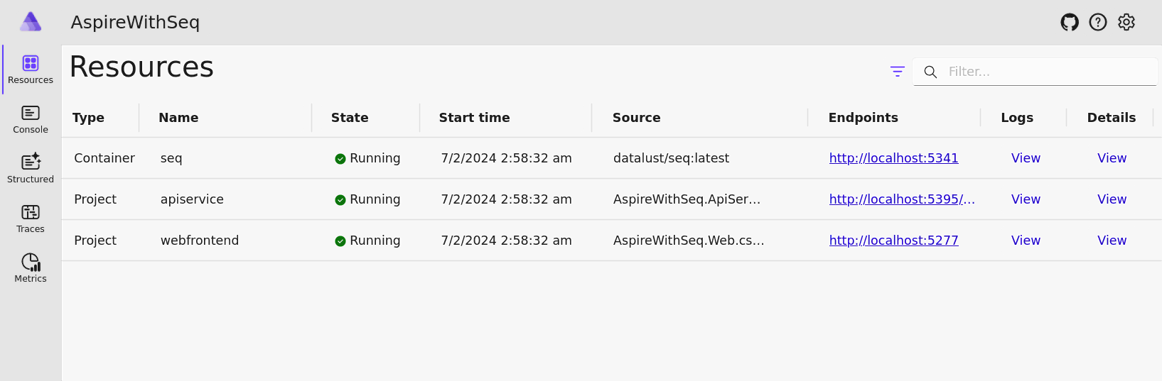 The Aspire dashboard showing a running datalust/seq container.