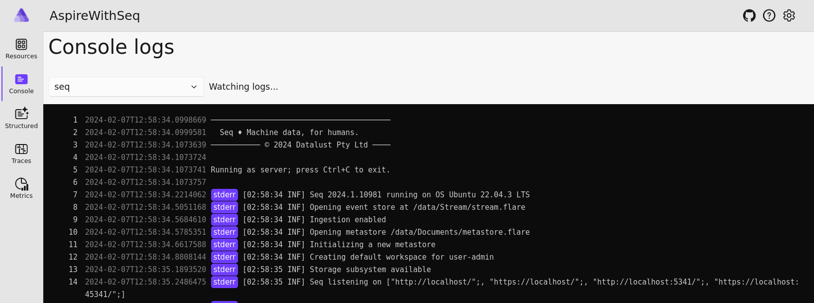 The Aspire dashboard "Console logs" tab, showing the terminal output from the running Seq container.