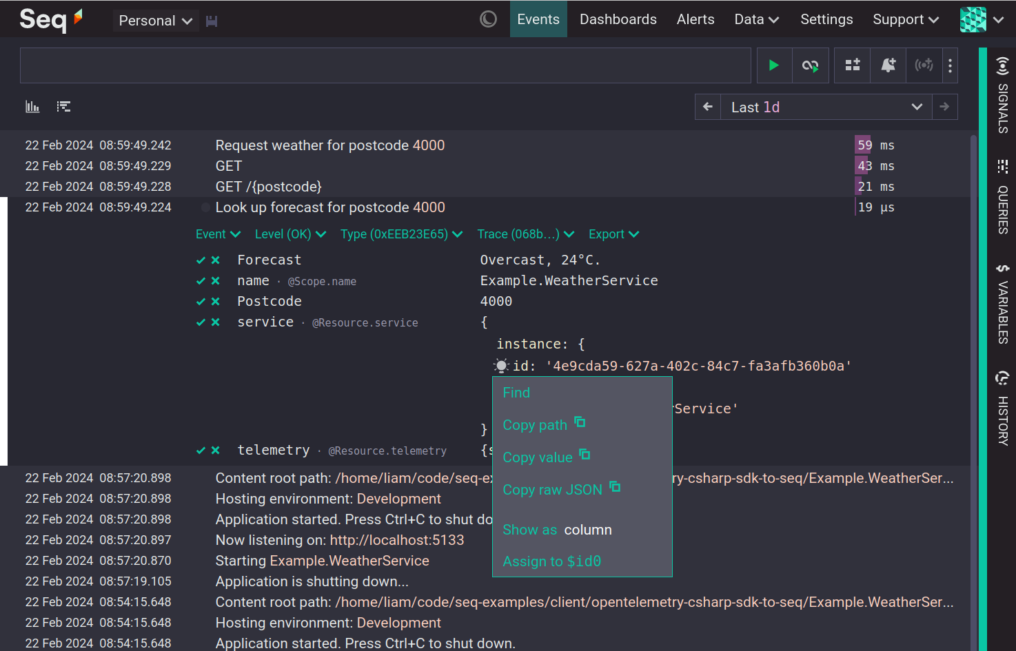 Nested event properties with an open context menu