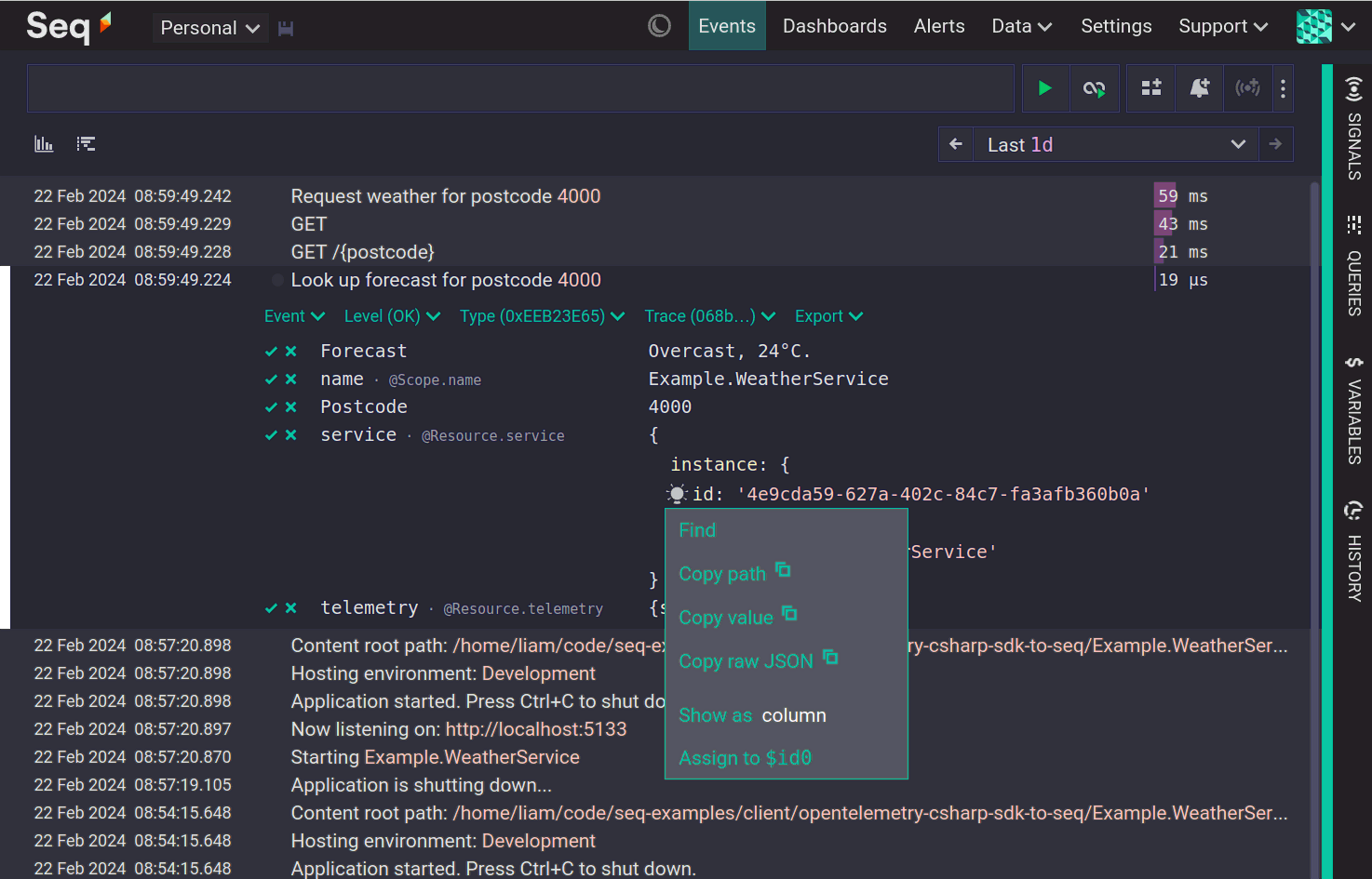 Nested event properties with an open context menu