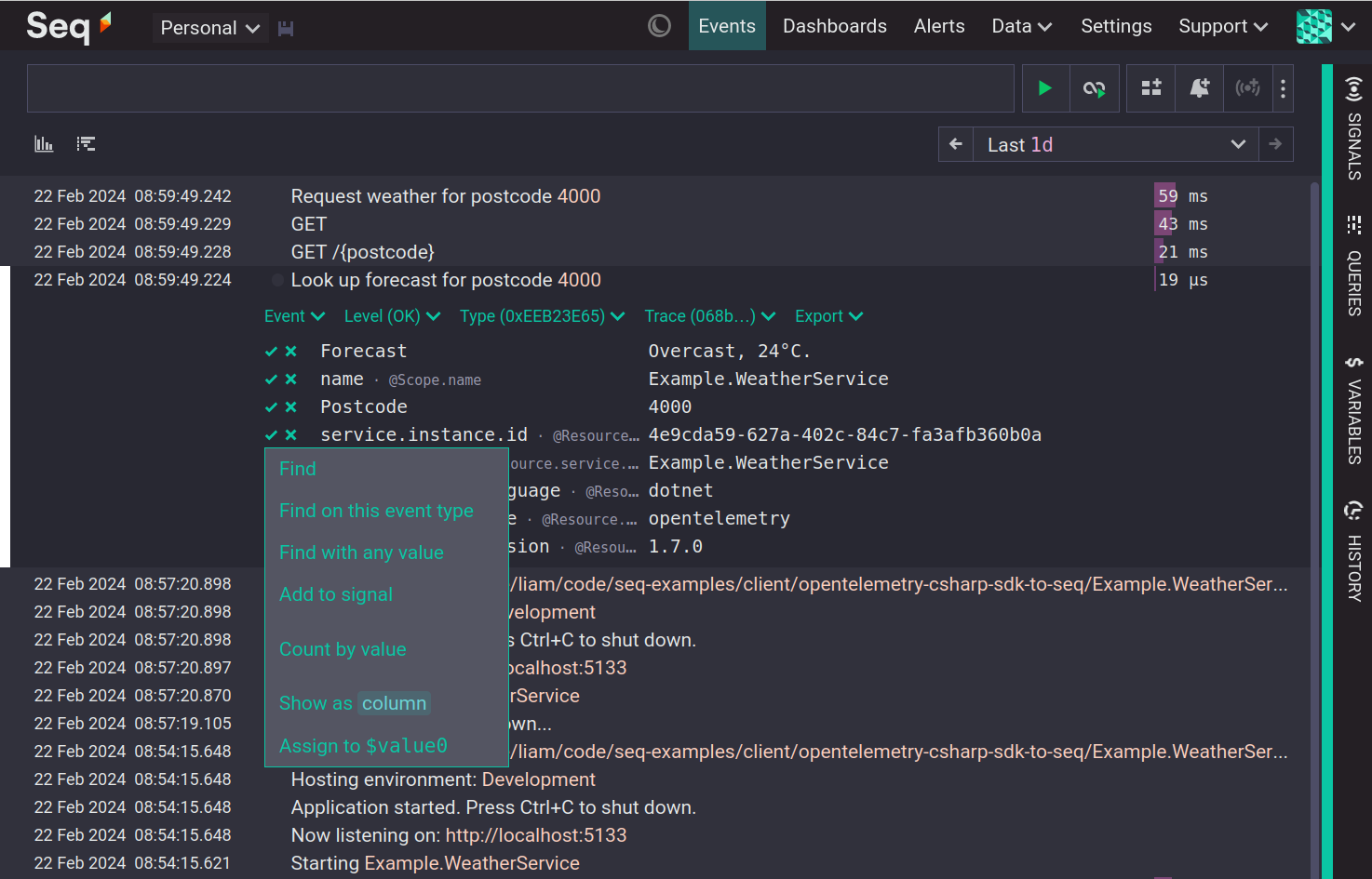 Flattened event properties with an open context menu