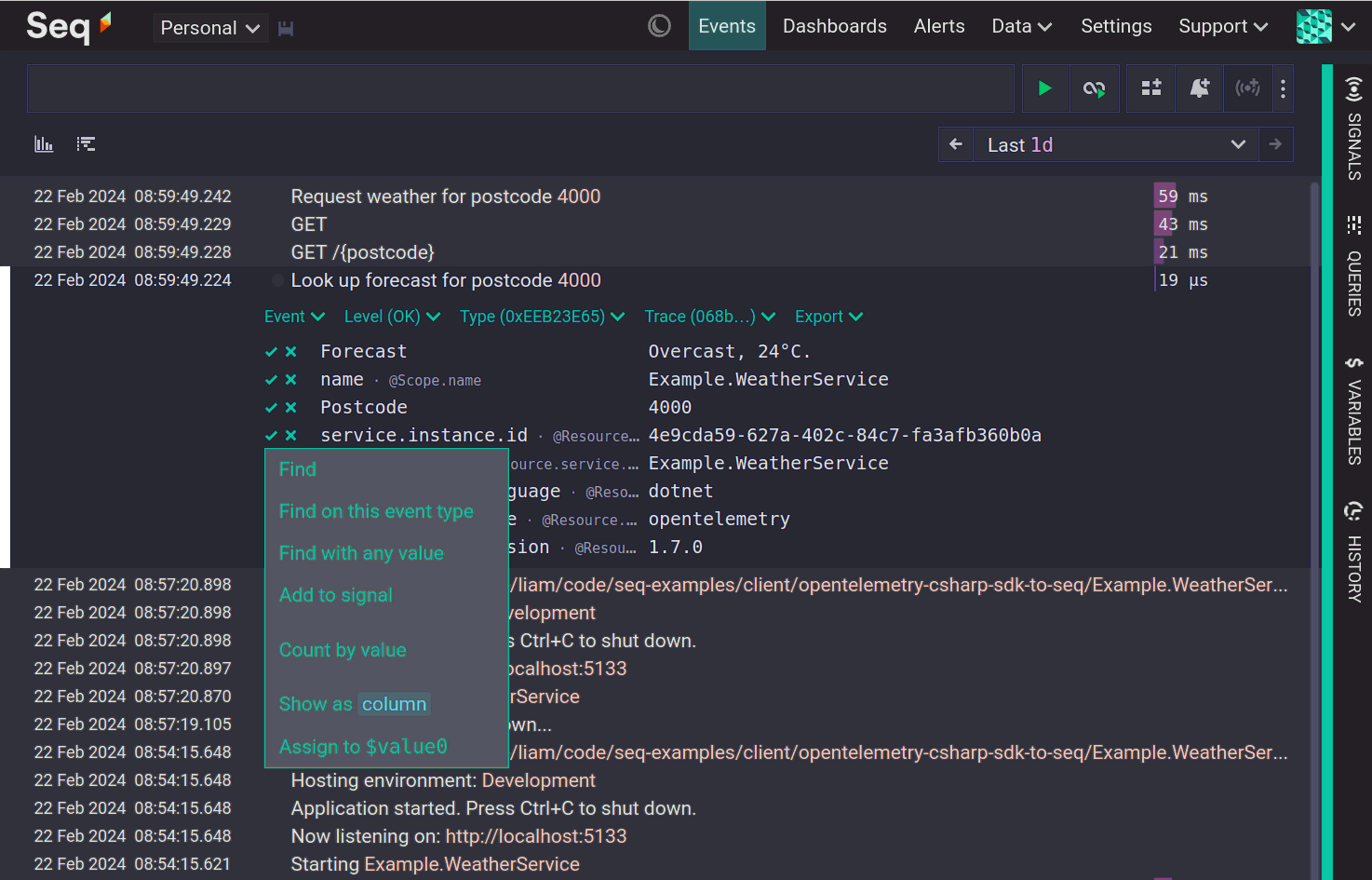 Flattened event properties with an open context menu
