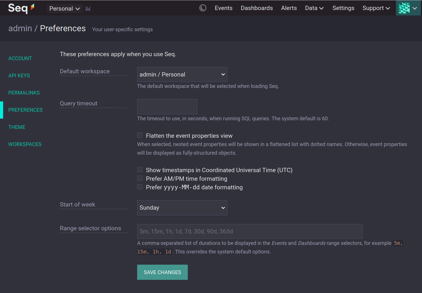 The user preferences page