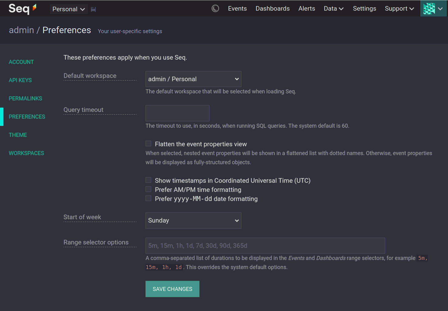 The user preferences page