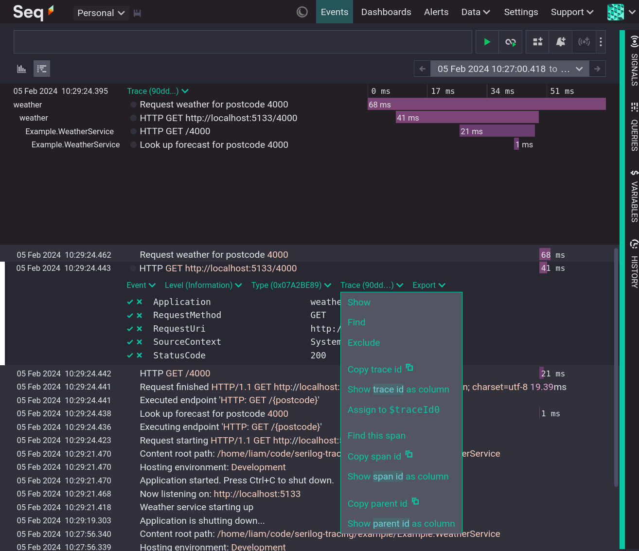 A trace span with the Trace menu open
