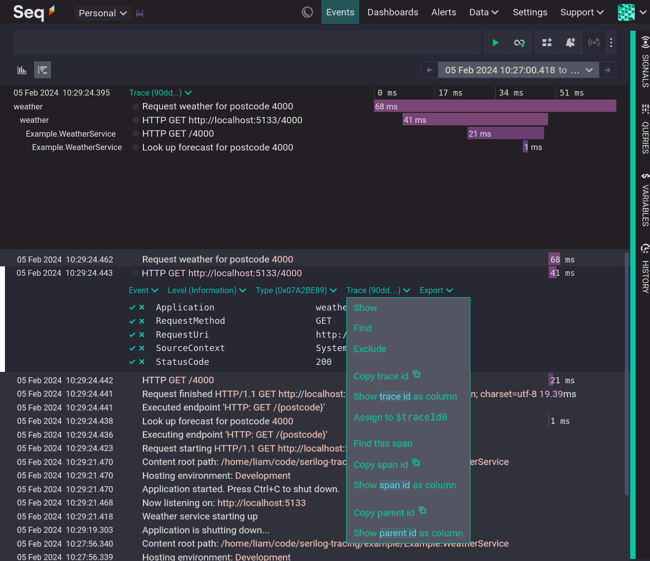 A trace span with the Trace menu open
