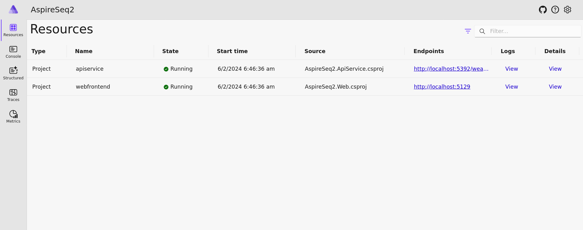 Aspire's built-in local development dashboard