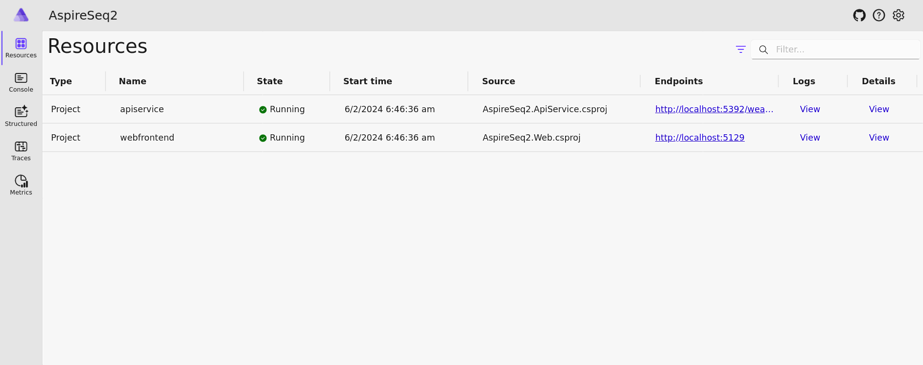 Aspire's built-in local development dashboard