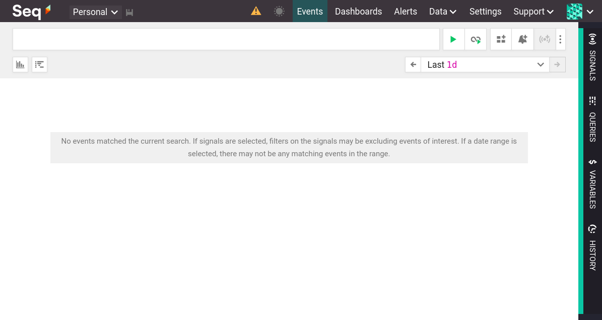A freshly installed Seq Events page