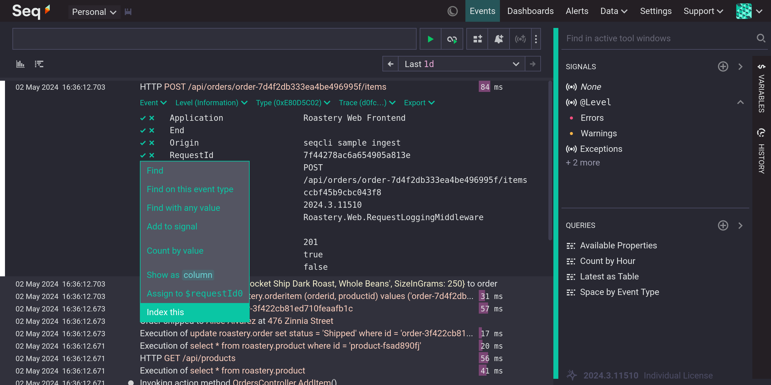 The Seq 2024.3 Events screen, showing the "green-tick" context menu beside a RequestId event property. The new Index this menu item is in the last position in the menu.