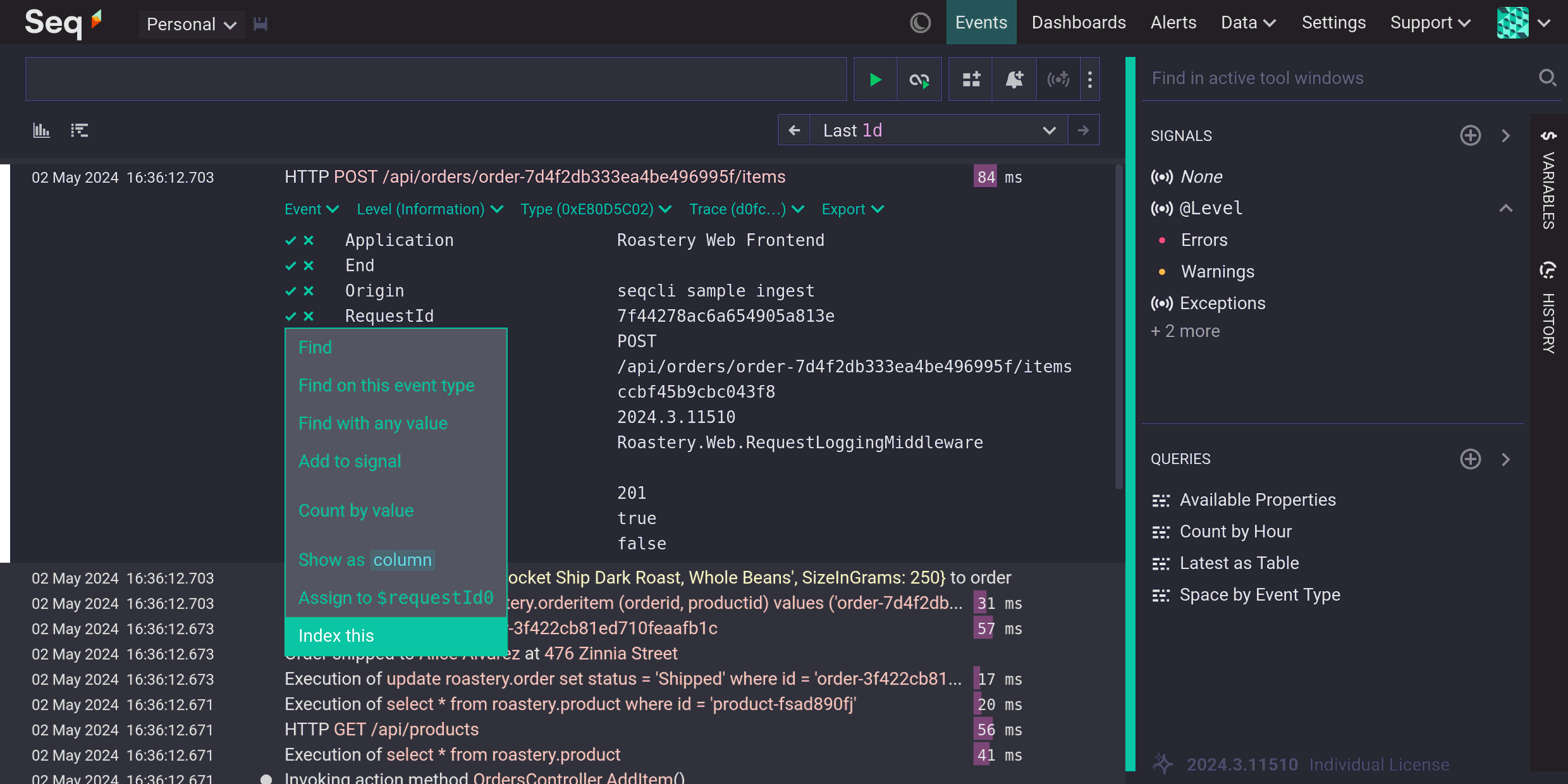 The Seq 2024.3 Events screen, showing the "green-tick" context menu beside a RequestId event property. The new Index this menu item is in the last position in the menu.