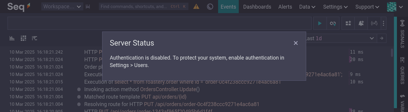 The Seq UI displaying a warning that authentication is disabled.