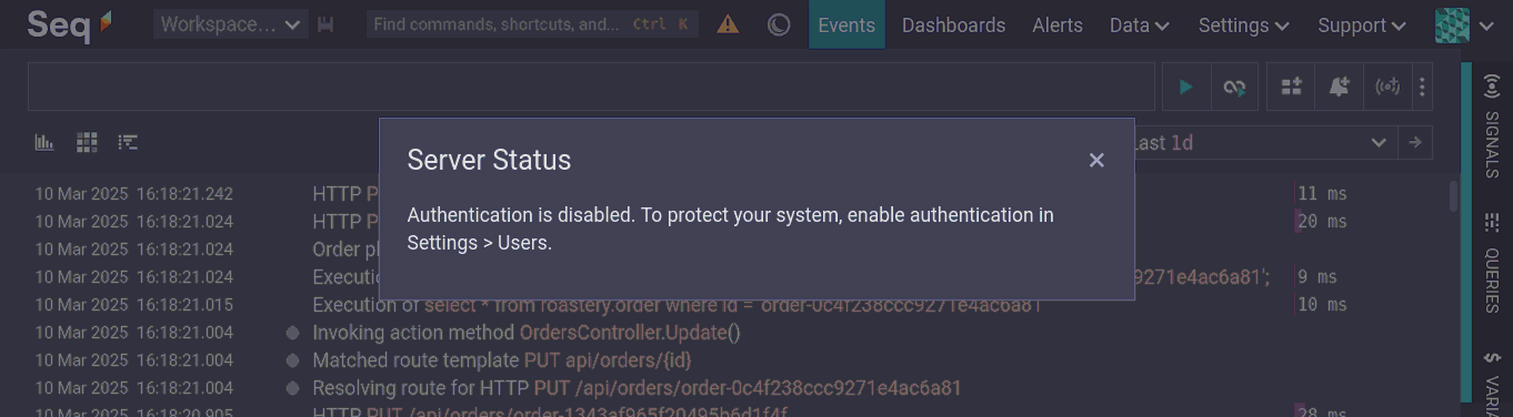 The Seq UI displaying a warning that authentication is disabled.