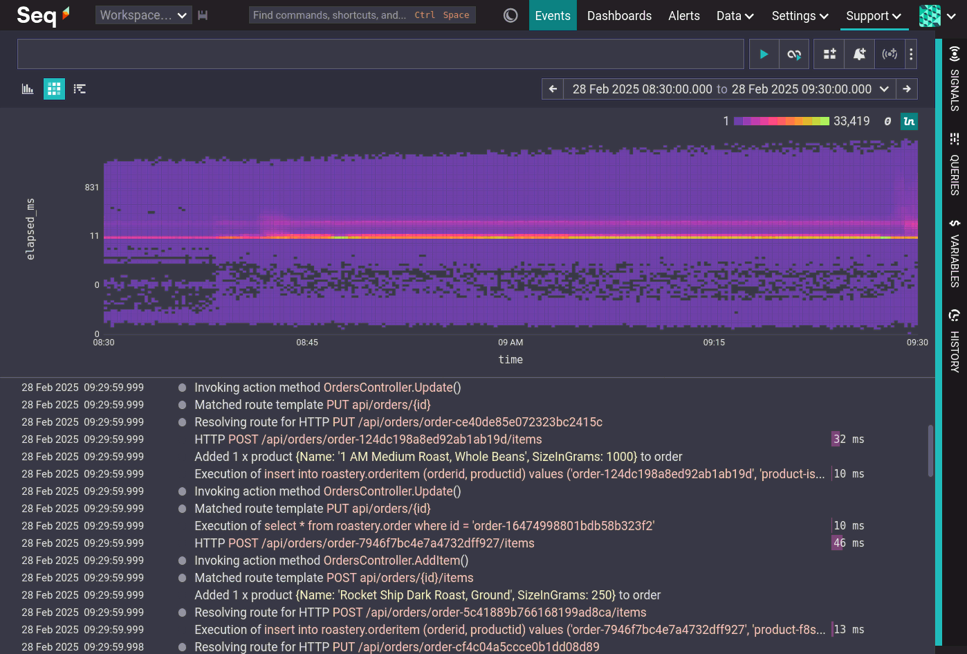 Seq Events page with a heatmap of `@Elapsed` over time.