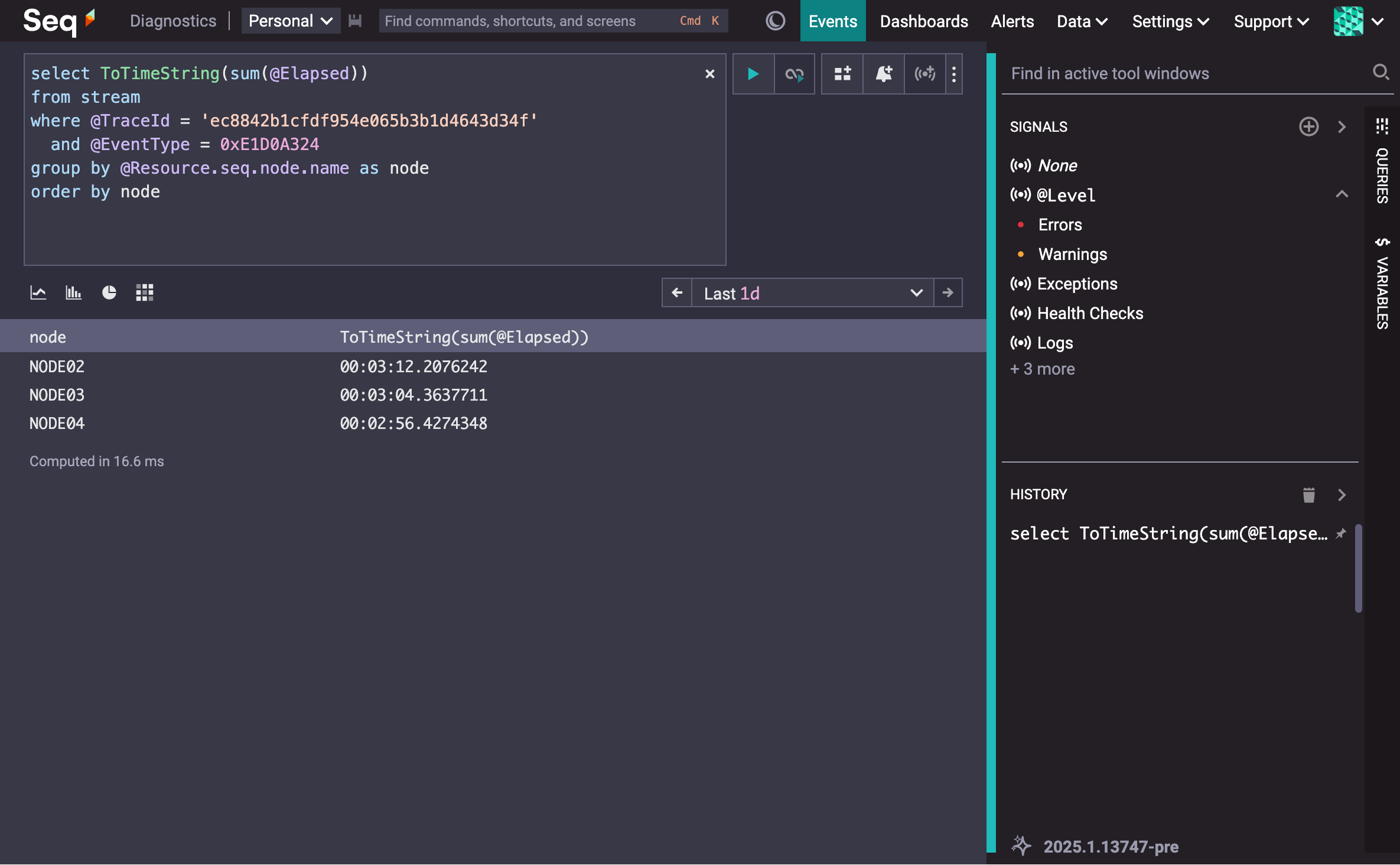 A query on the same Seq instance, summing @Elapsed and grouping by the node name. Each node reported around three minutes processing time total, for this particular query.