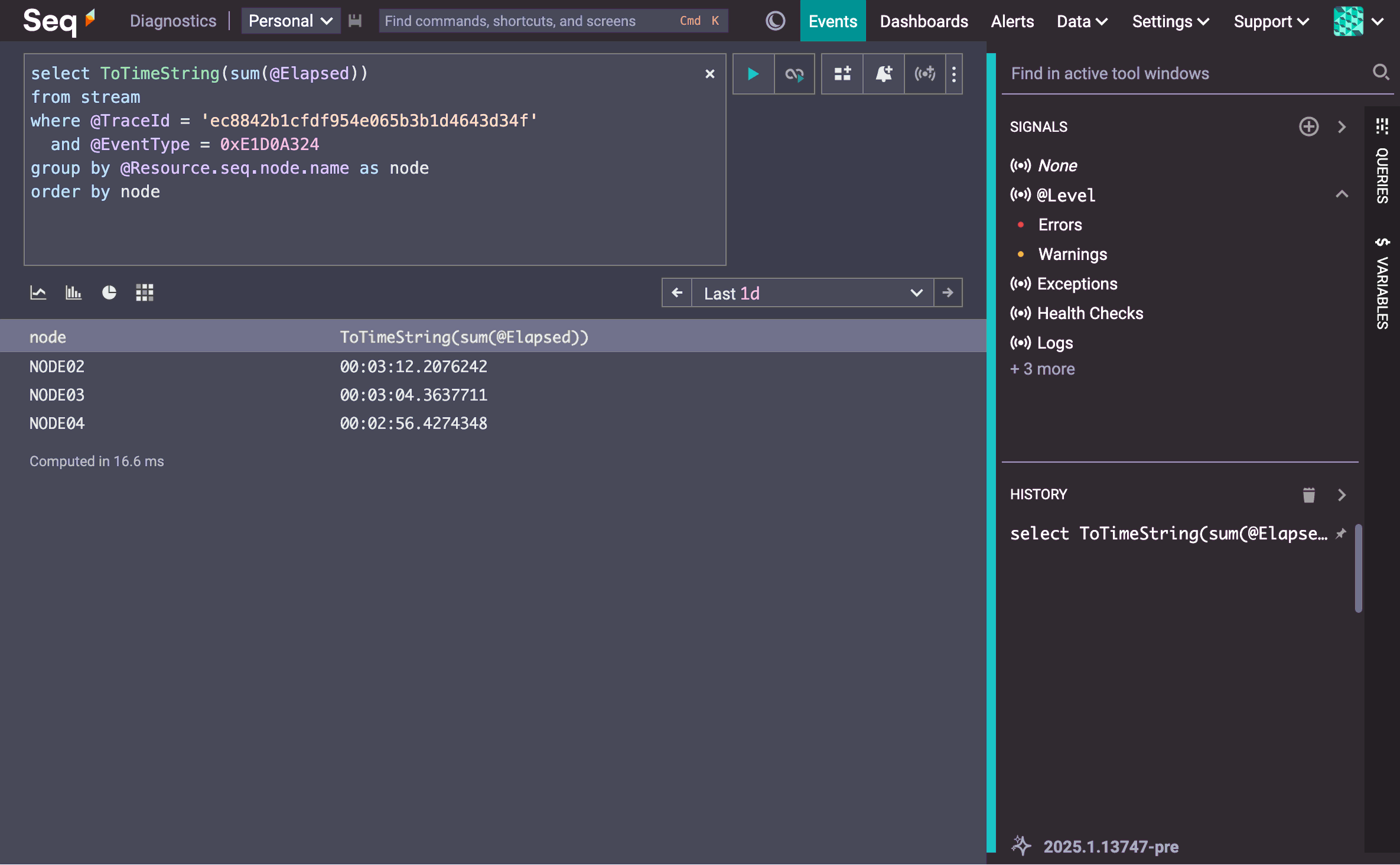 A query on the same Seq instance, summing @Elapsed and grouping by the node name. Each node reported around three minutes processing time total, for this particular query.