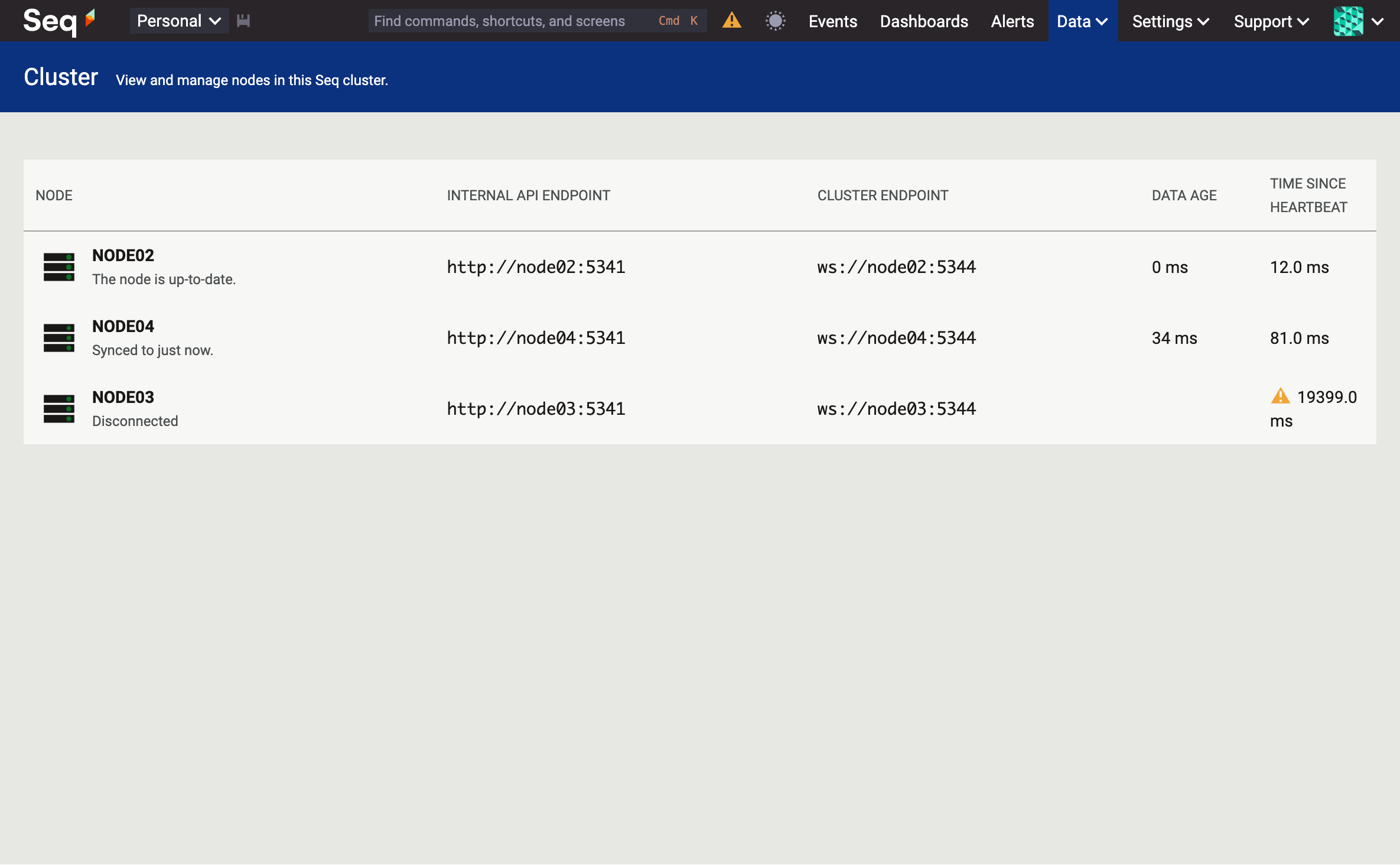 The same Cluster page view with NODE03 now showing "Disconnected" status.