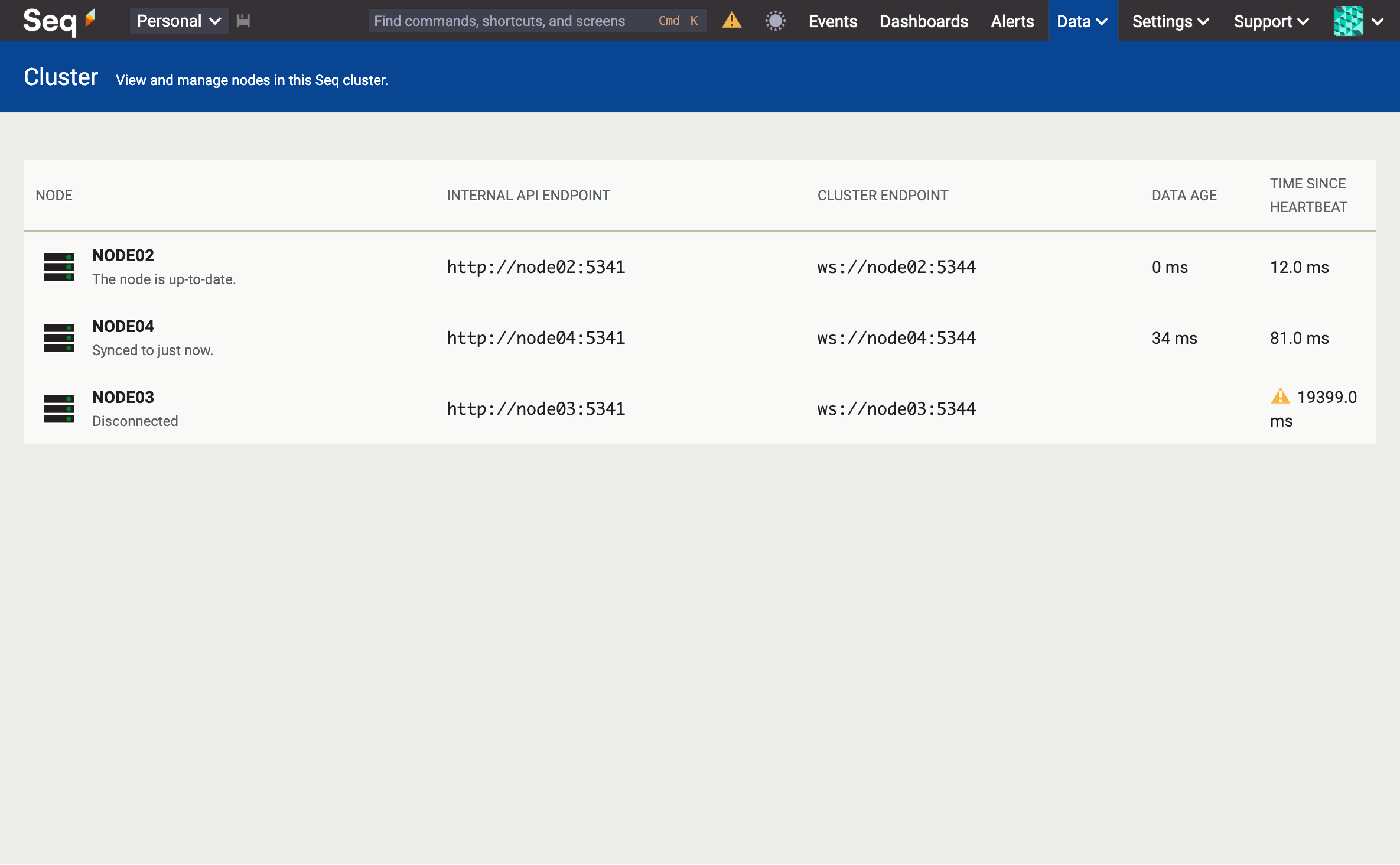 The same Cluster page view with NODE03 now showing "Disconnected" status.