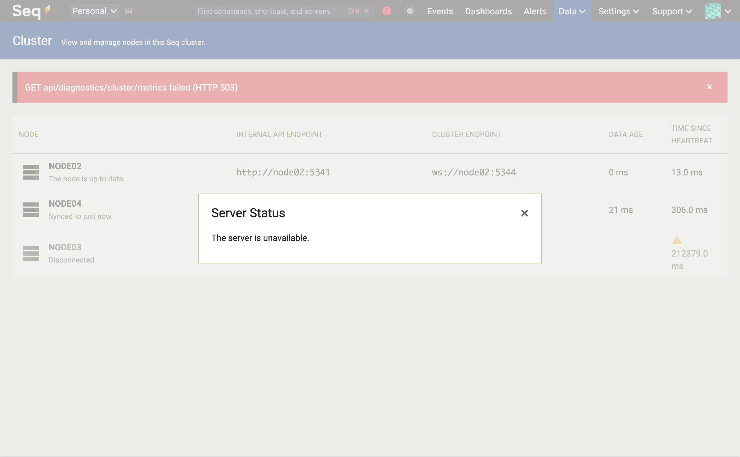 The same Cluster page view with "The server is unavailable" status message showing.