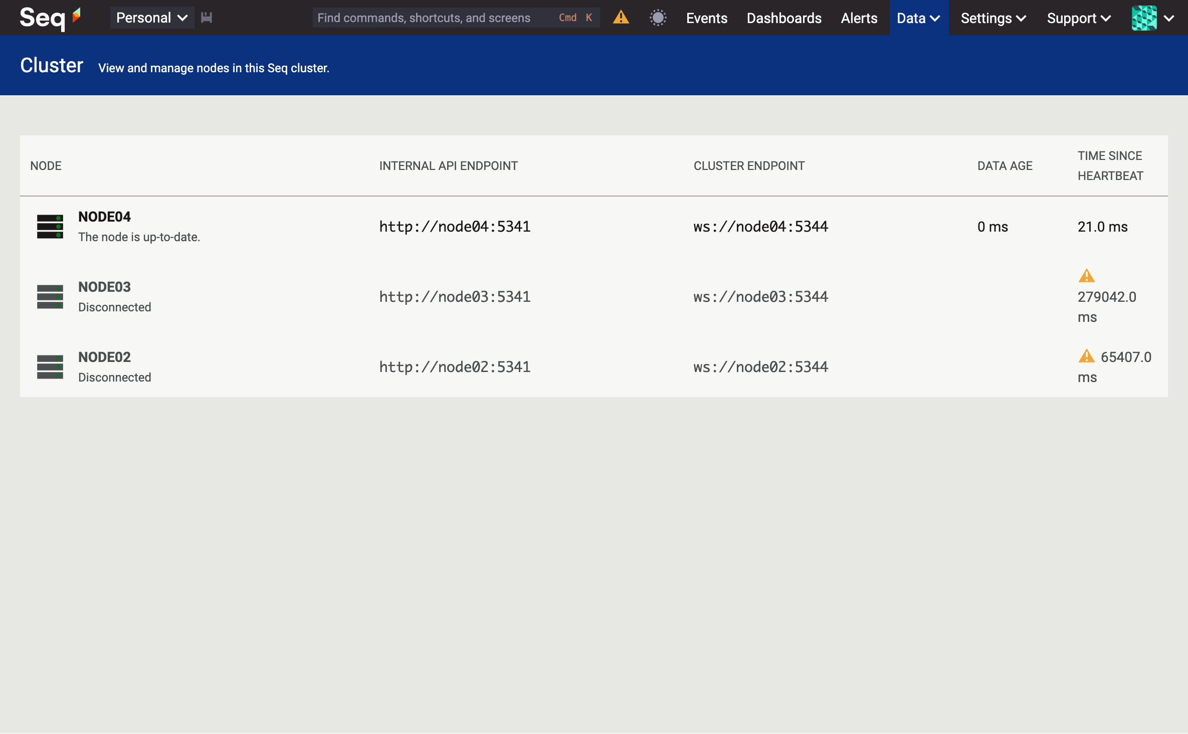 The same Cluster page view, now showing just one healthy node (NODE04) and the other two nodes disconnected.