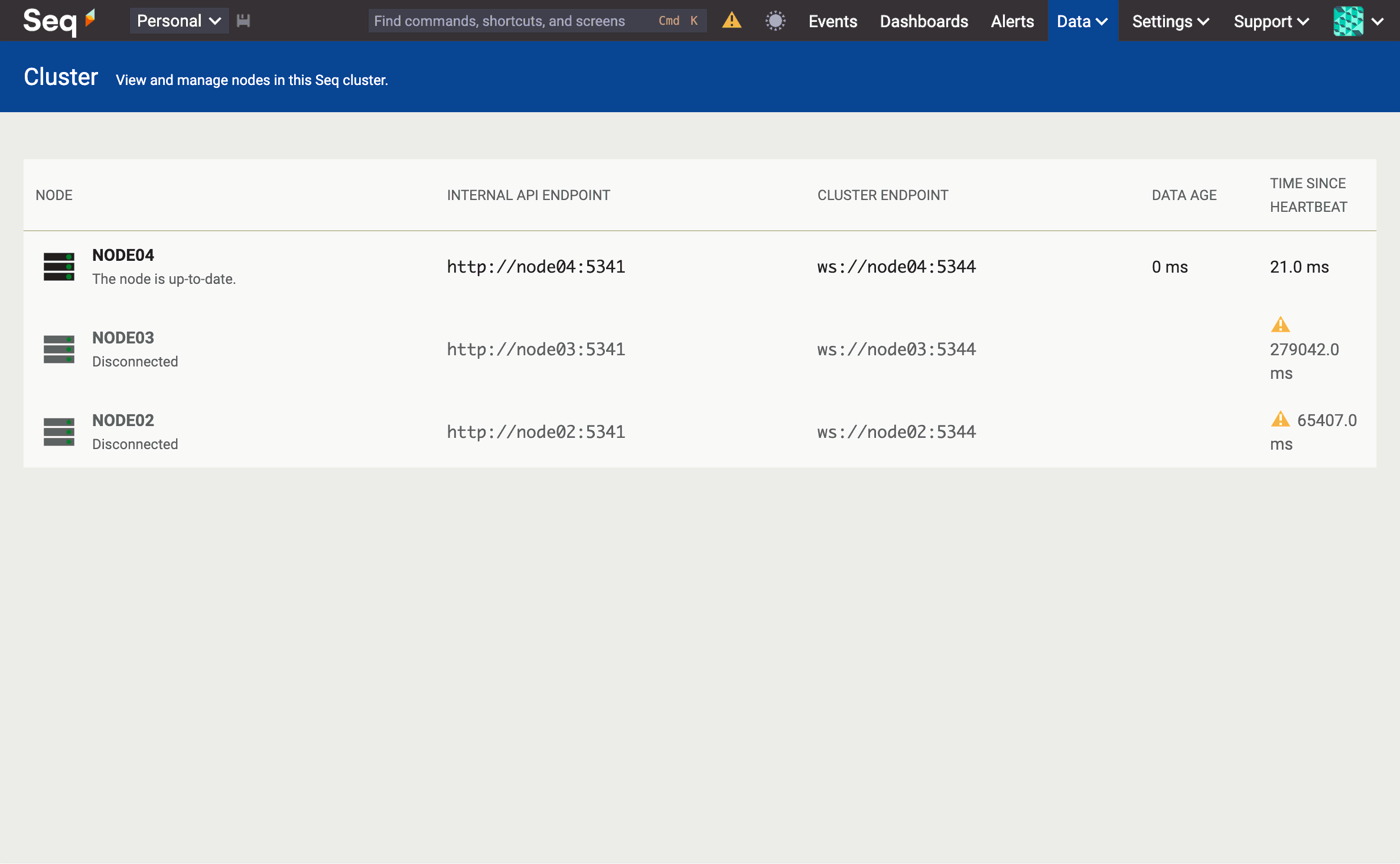 The same Cluster page view, now showing just one healthy node (NODE04) and the other two nodes disconnected.