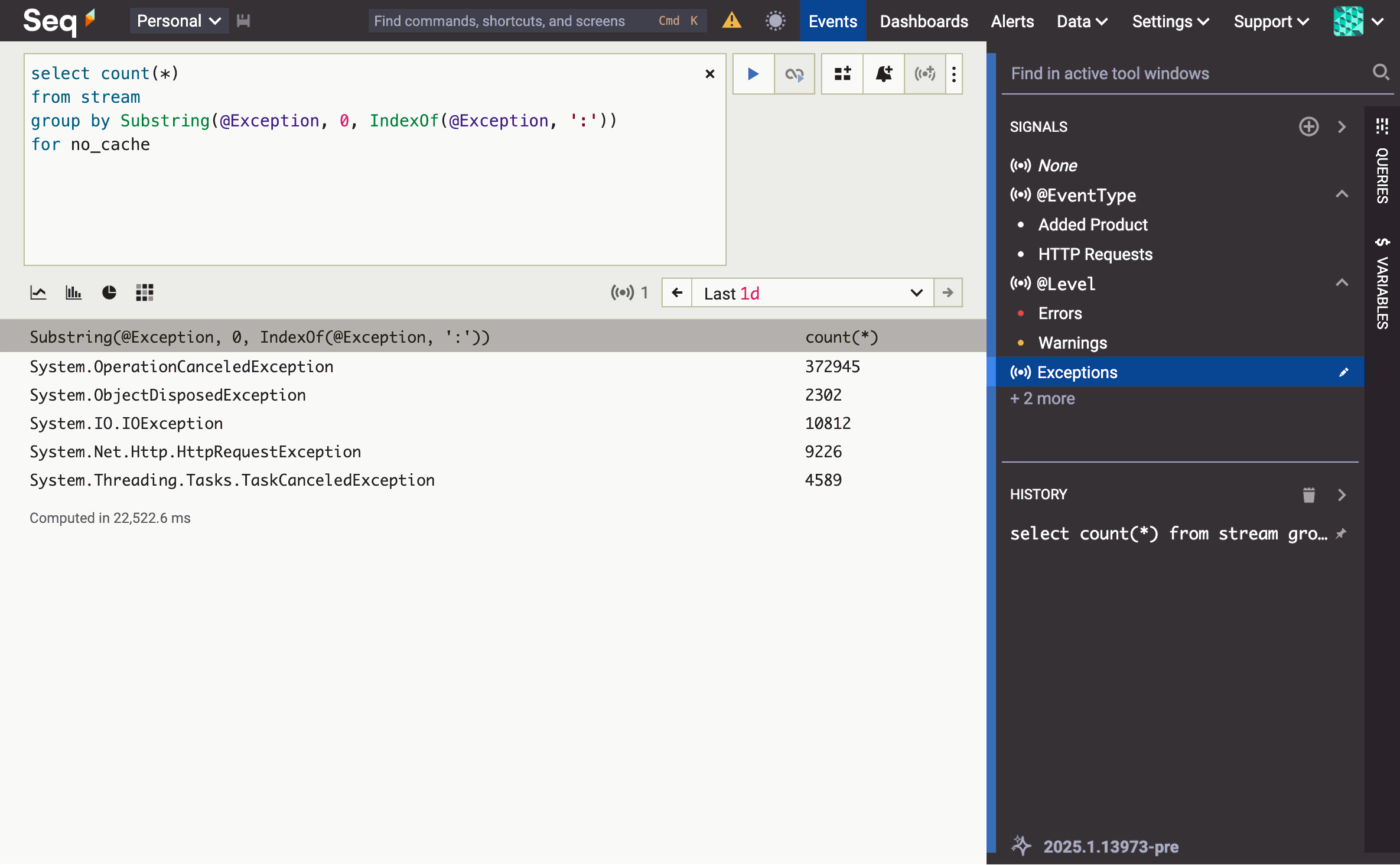 Results of the query "select count(*) from stream group by Substring(@Exception, 0, IndexOf(@Exception, ':')) for no_cache". The elapsed time is shown as 22,522.6 ms.
