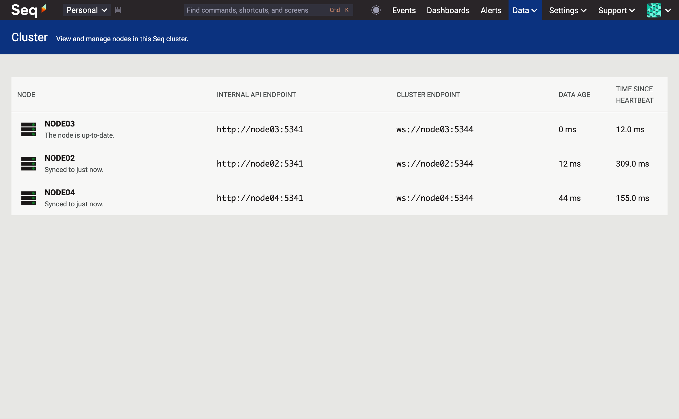 The Seq 2025.1 Cluster page, showing three nodes, their addresses, relative data ages, and times since heartbeat.