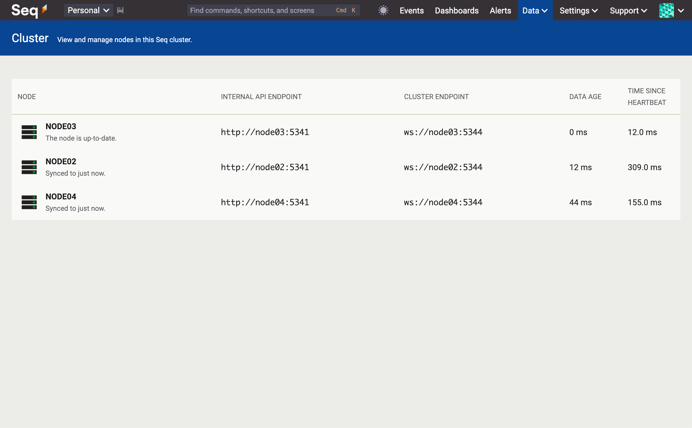 The Seq 2025.1 Cluster page, showing three nodes, their addresses, relative data ages, and times since heartbeat.