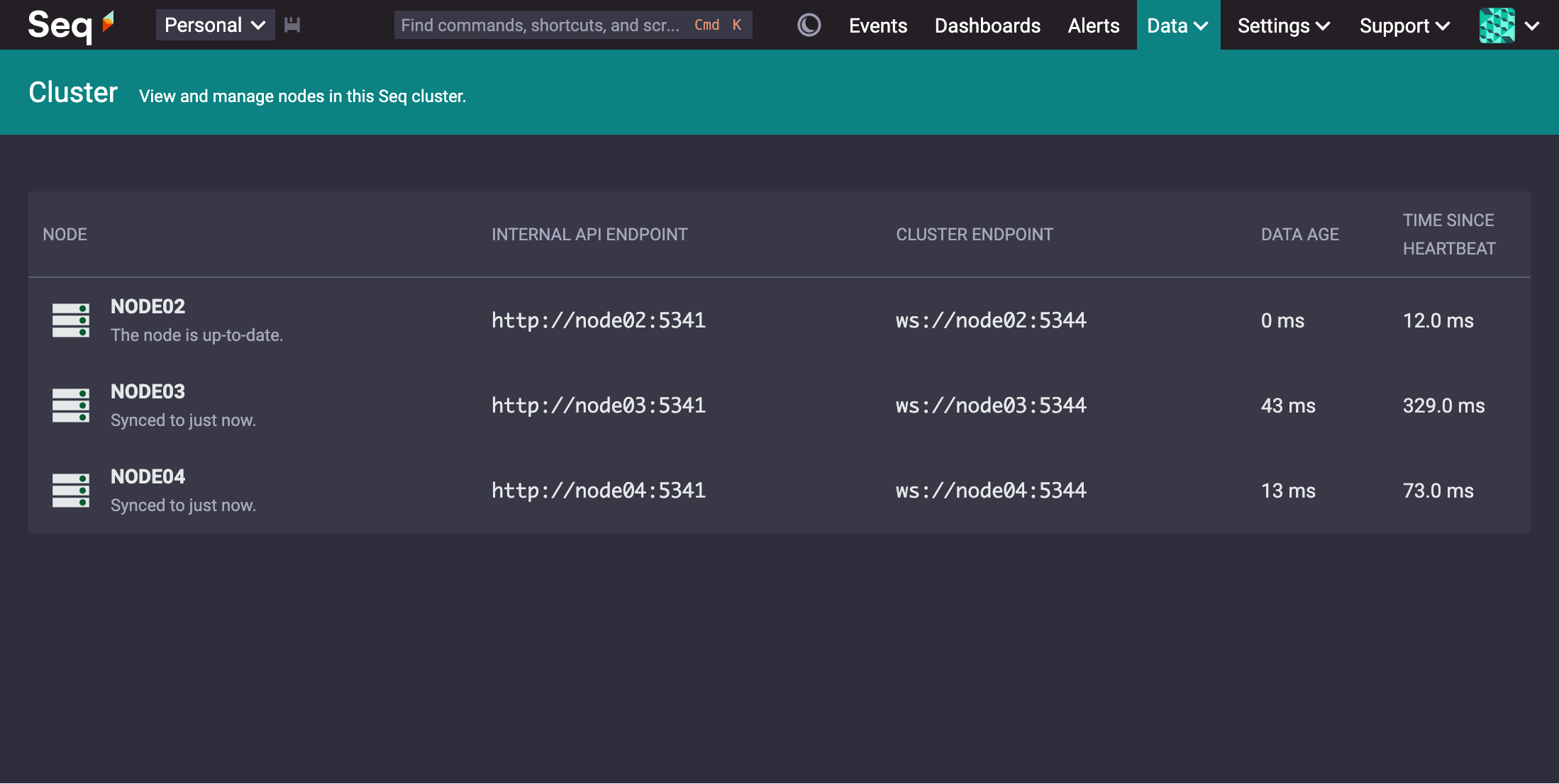 The Data > Cluster screen of the Seq UI showing the data age of each node in a three node cluster.