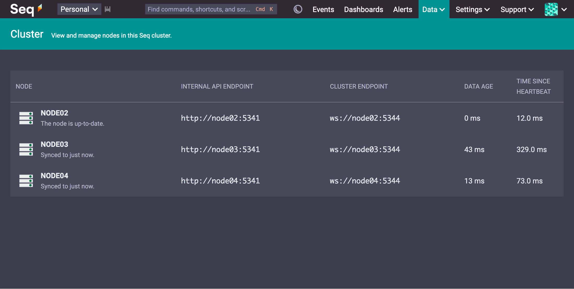 The Data > Cluster screen of the Seq UI showing the data age of each node in a three node cluster.