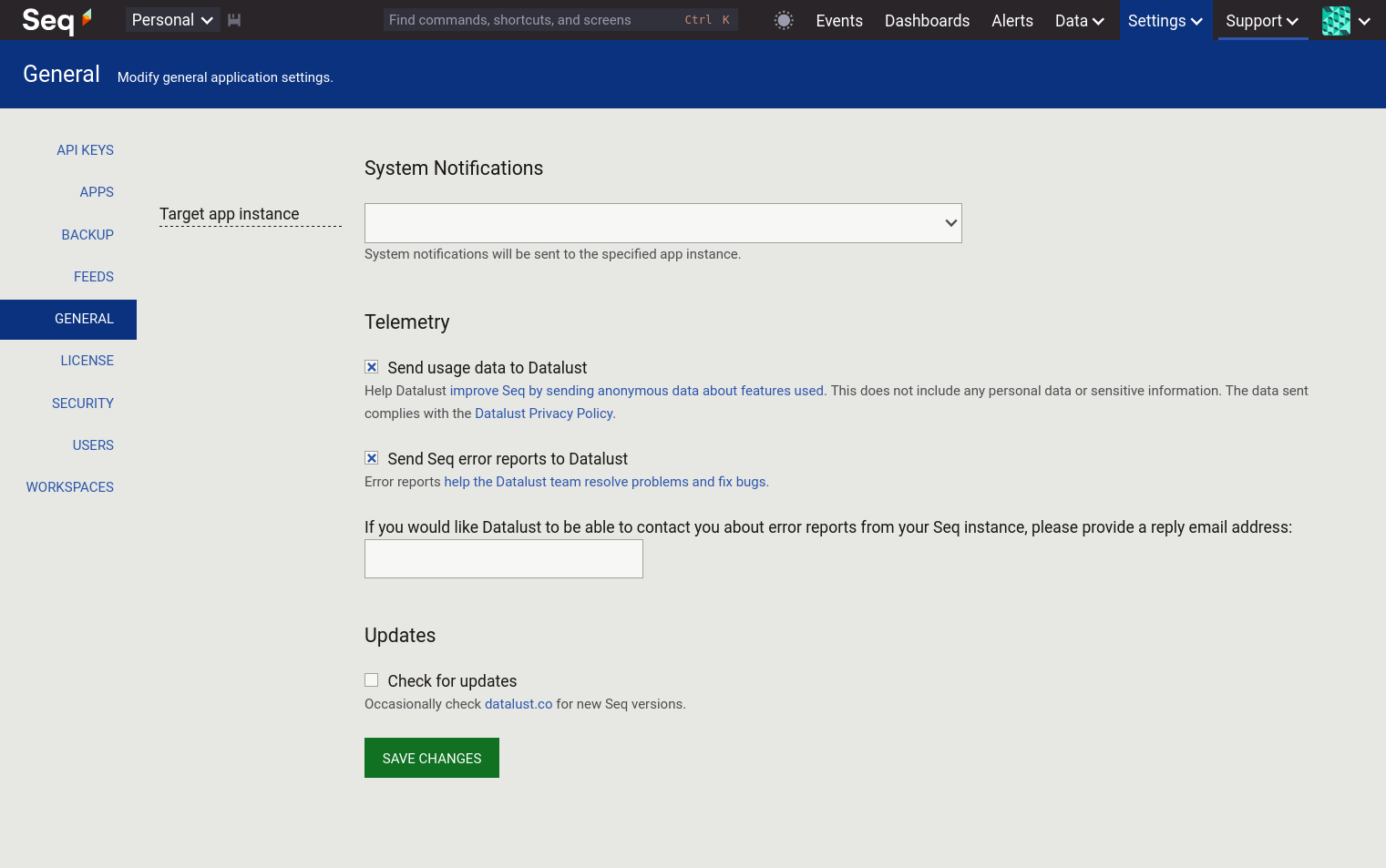 General settings page showing the configuration of internal error reporting