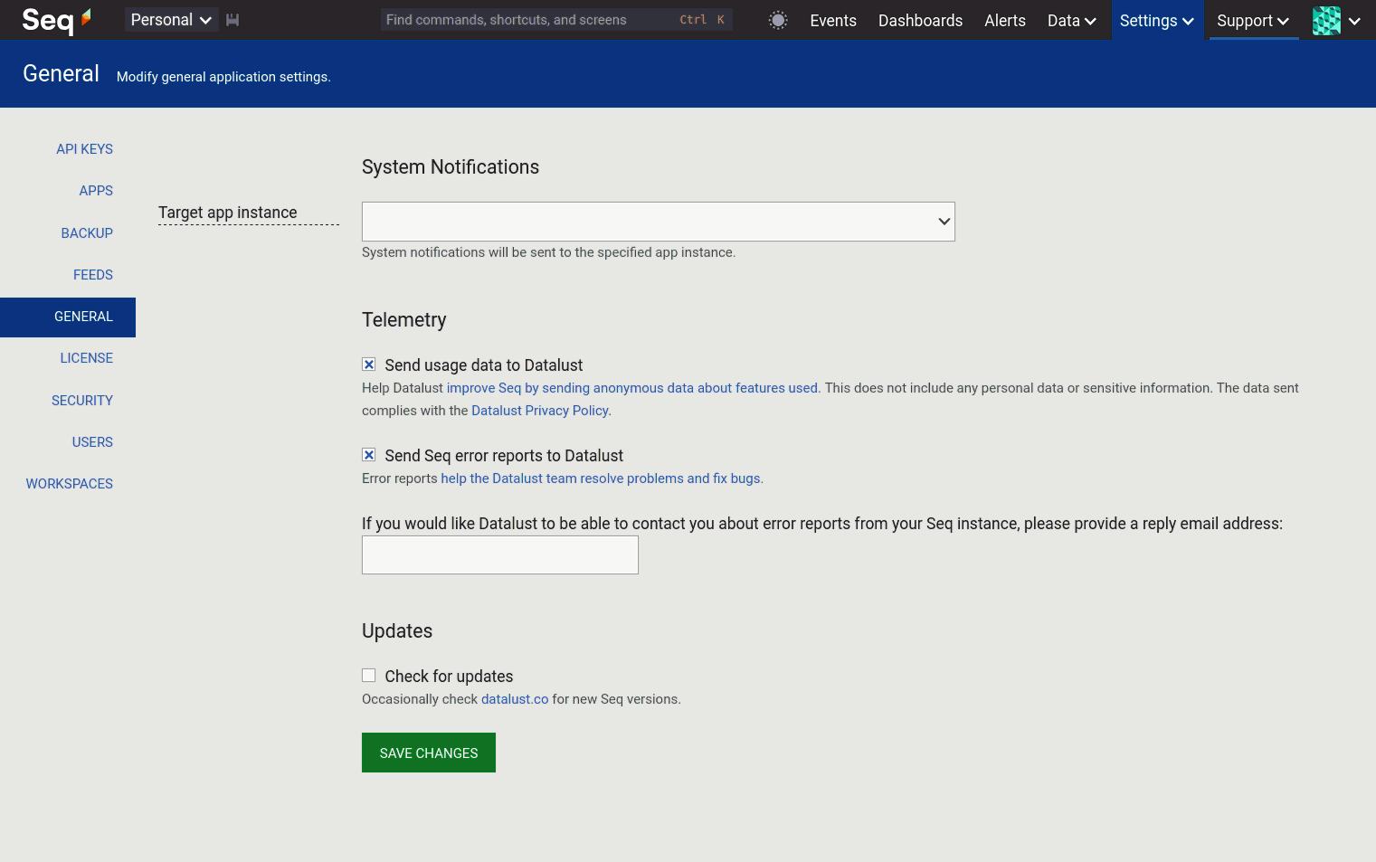 General settings page showing the configuration of internal error reporting