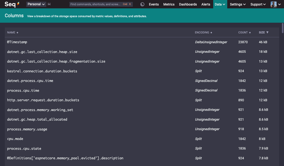 A screenshot of the Seq 2026.1 Columns screen, showing a table of stored columns corresponding to ingested metric names, sorted by size on disk
