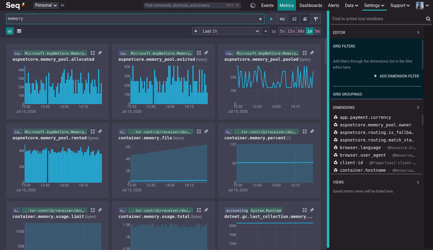 A metrics search for free text "memory".