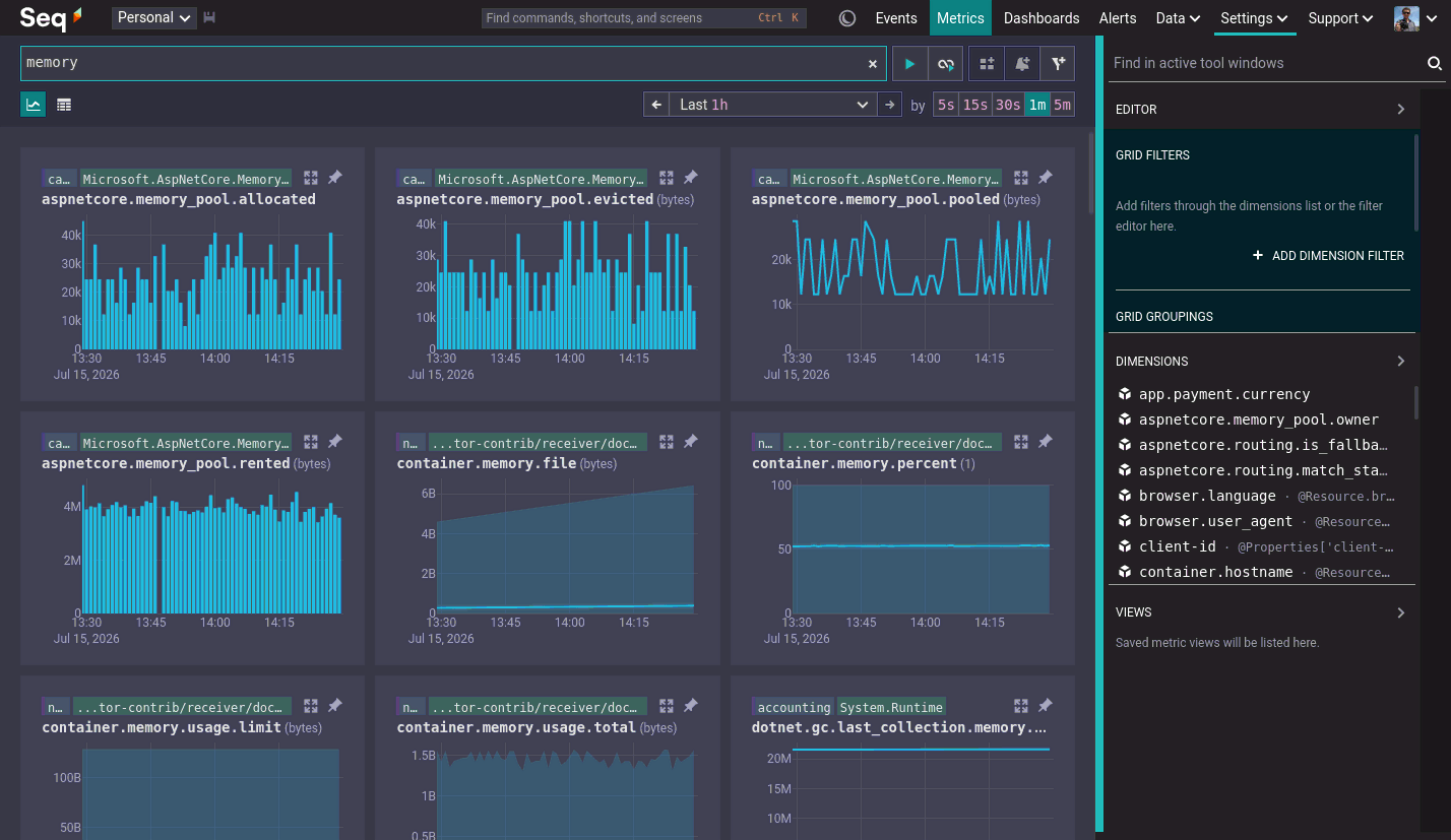 A metrics search for free text "memory".
