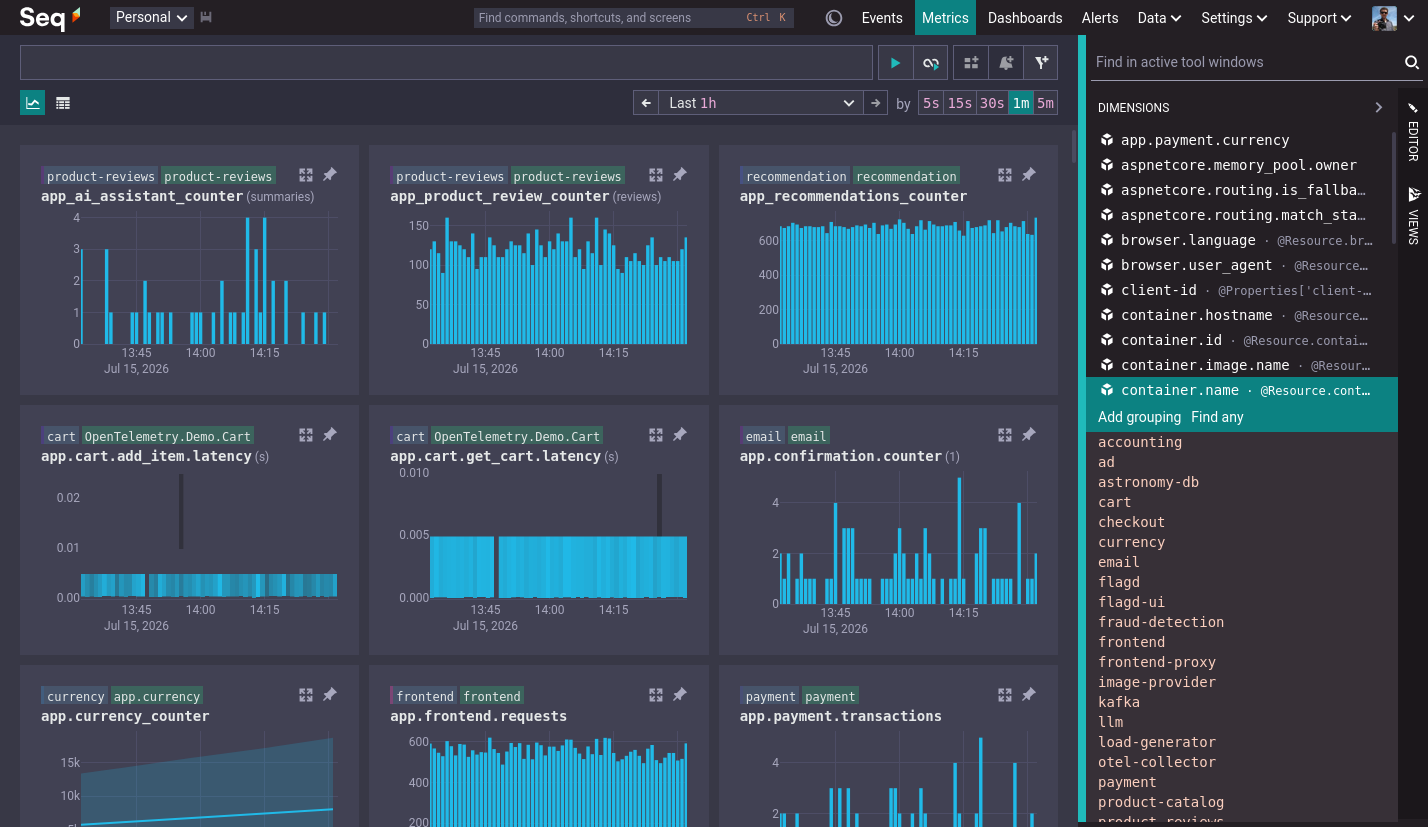 The @Resource.service.name dimension expanded to show its values.
