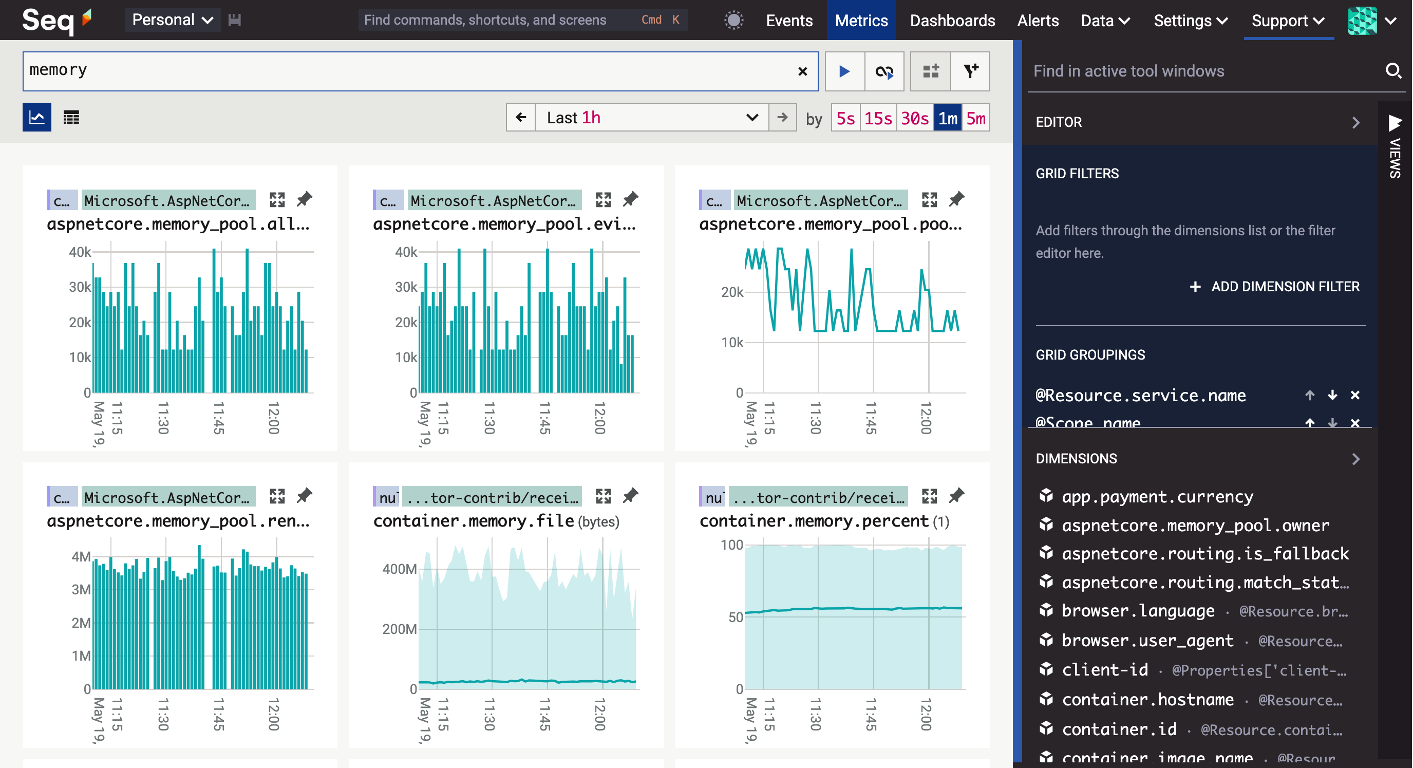 A metrics search for free text "memory".