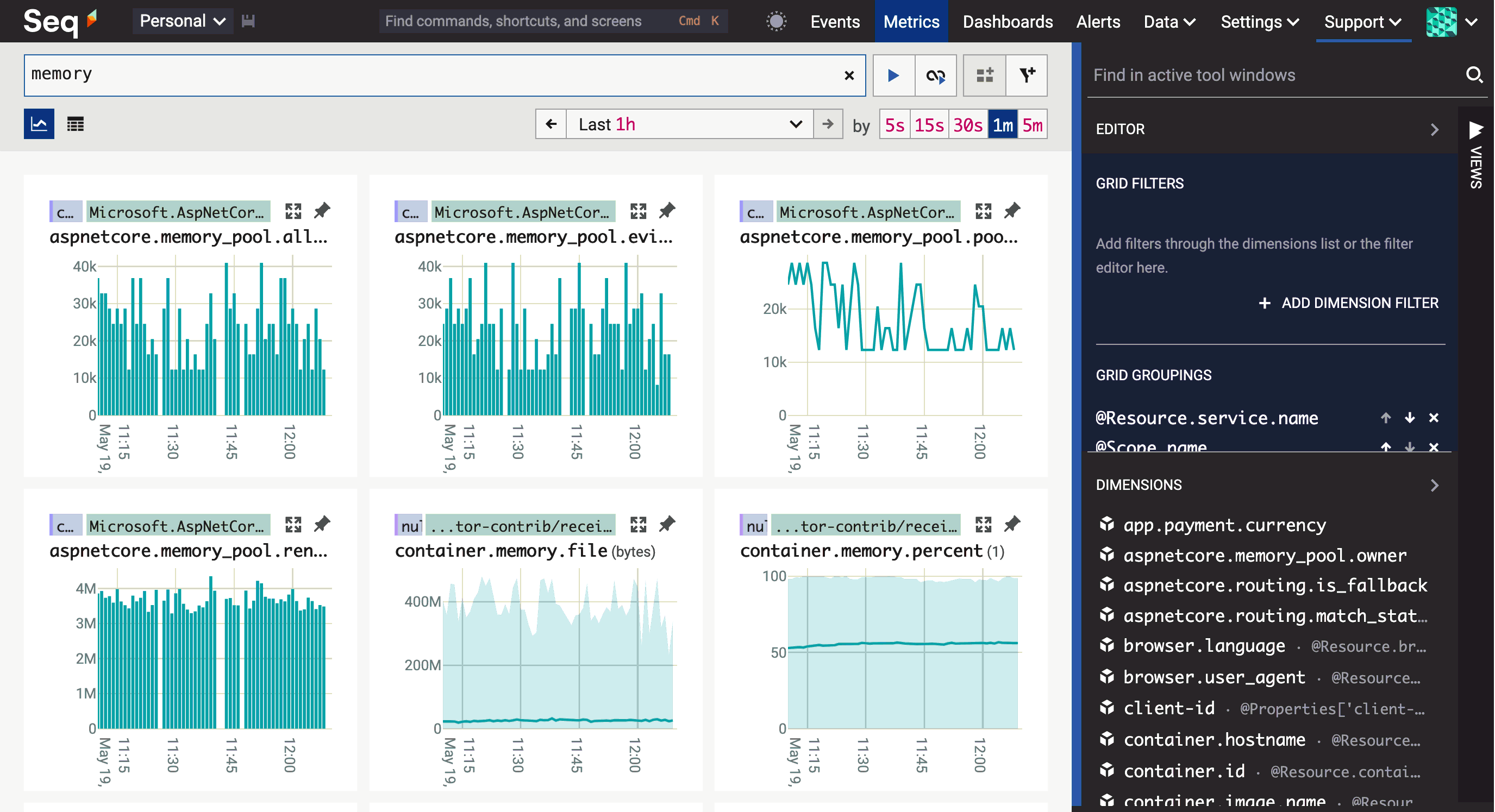 A metrics search for free text "memory".